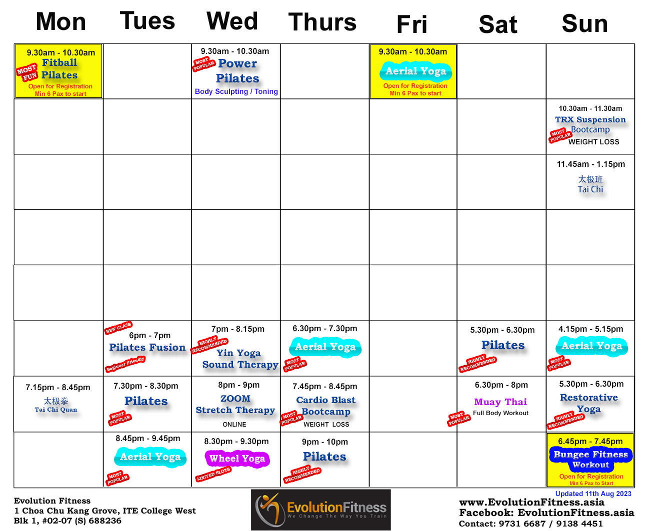 Evolution Fitness Singapore Group Class Schedule TRX Suspension Pilates  Yoga Zumba Tai Chi Muay Thai Kettlebell Chi Fitness